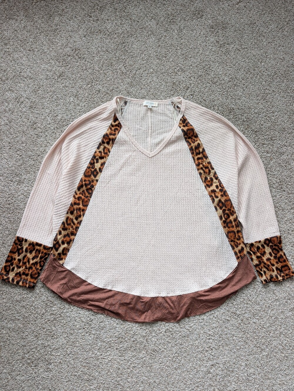 Umgee Womens Cream Leopard High-Low Dolman Sleeve Waffle Knit Top 2XL